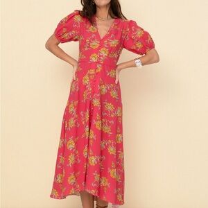 Vibrant Floral Midi Dress in Pink and Yellow
